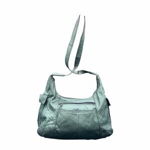 Vintage Metallic Green Genuine Leather Hobo Shoulder Bag longer strap